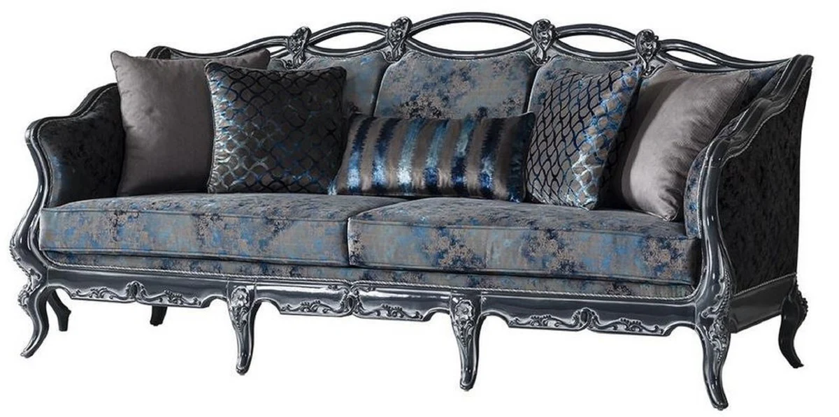 Casa Padrino sof¨¢ barroco de lujo gris / azul / gris 224 x 103 x A. 110 cm - Sof¨¢ de sal¨®n noble con patr¨®n elegante y cojines decorativos - Muebles de sal¨®n de estilo barroco