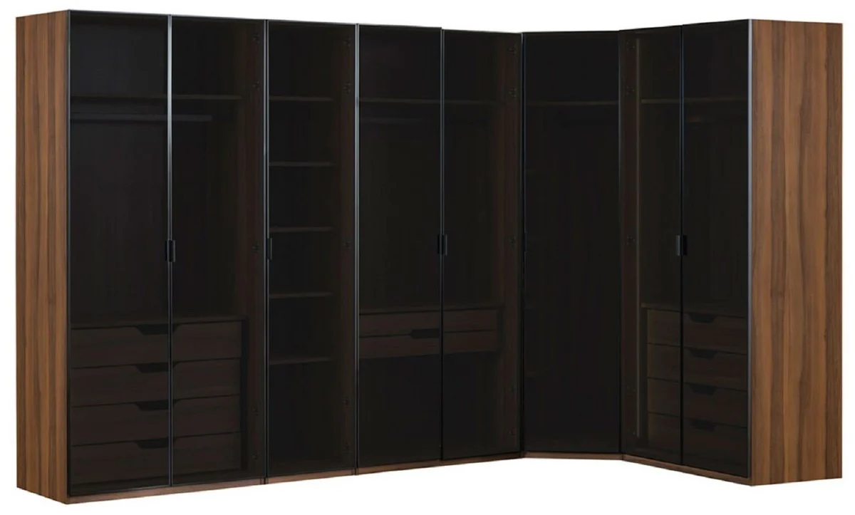 Casa Padrino armario esquinero de lujo marr¨®n / negro 345 x 195 x A. 220 cm - Armario de dormitorio de madera maciza con 8 puertas de cristal e iluminaci¨®n LED - Muebles de Dormitorio de Lujo
