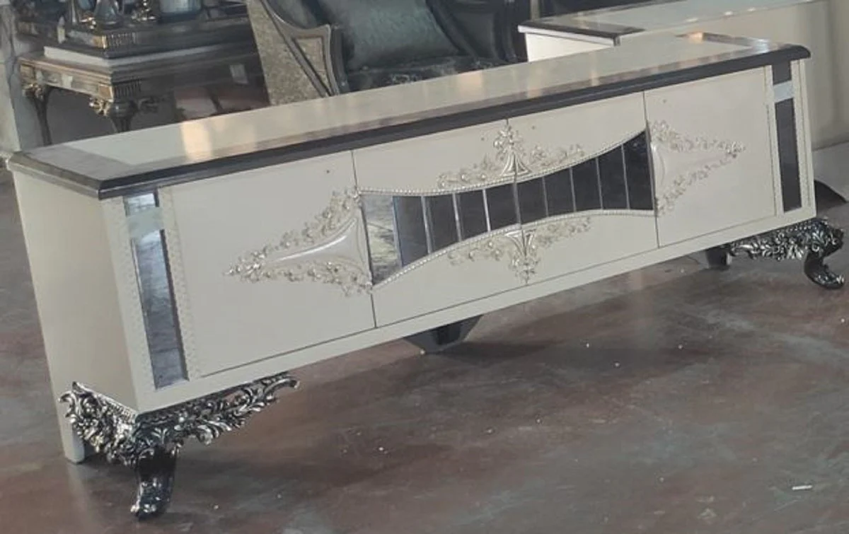 Casa Padrino gabinete de TV barroco de lujo crema / plata / gris / oro - Magn¨ªfico aparador de madera maciza con 4 puertas - Muebles de sal¨®n en estilo barroco - Muebles barrocos