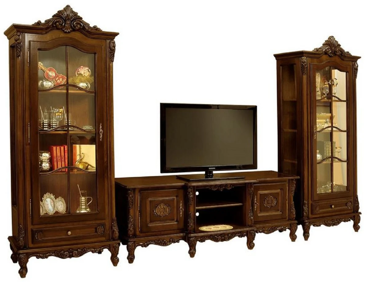 Casa Padrino conjunto de salón barroco de lujo marron oscuro - 1 Gabinete de TV Barroco y 2 Vitrinas Barrocos - Muebles de salón de lujo en estilo barroco - Muebles barrocos - Noble y magnífico