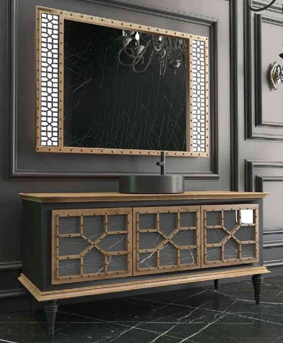 Casa Padrino Conjunto de Baño de Lujo Natural / Negro - 1 Mesa de Lavado con 3 Puertas y 1 Lavabo y 1 Espejo de Pared - Calidad de Lujo