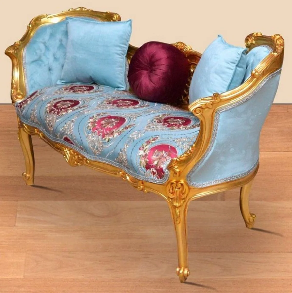 Casa Padrino banco barroco azul claro / multicolor / oro 150 x 55 x A. 80 cm - Magnífico banco de madera maciza con patrón floral noble - Muebles barrocos