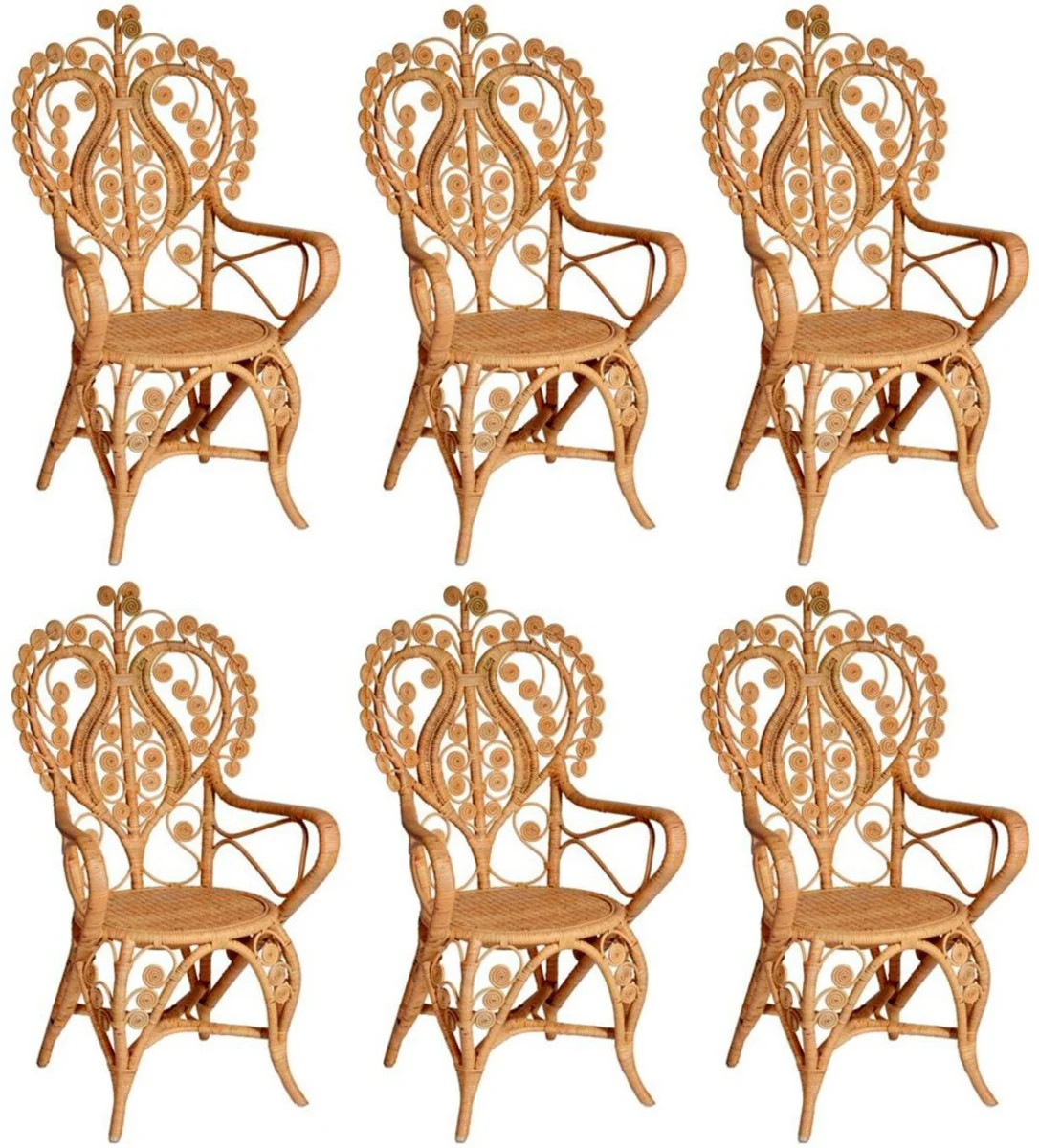 Casa Padrino conjunto de 6 sillas de comedor de rat¨¢n de jard¨ªn de hotel de estilo vintage con reposabrazos natural A. 95 cm