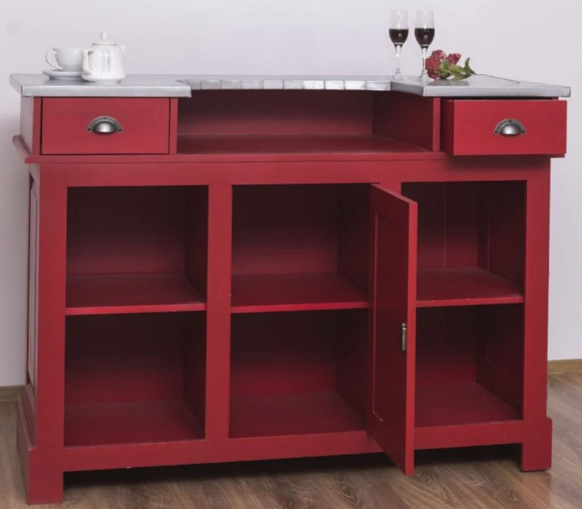 Casa Padrino barra de bar de estilo campestre rojo / plata 150 x 65 x A. 107 cm - Barra de bar de madera maciza con sobre de mesa galvanizado - Muebles de bar en estilo campestre