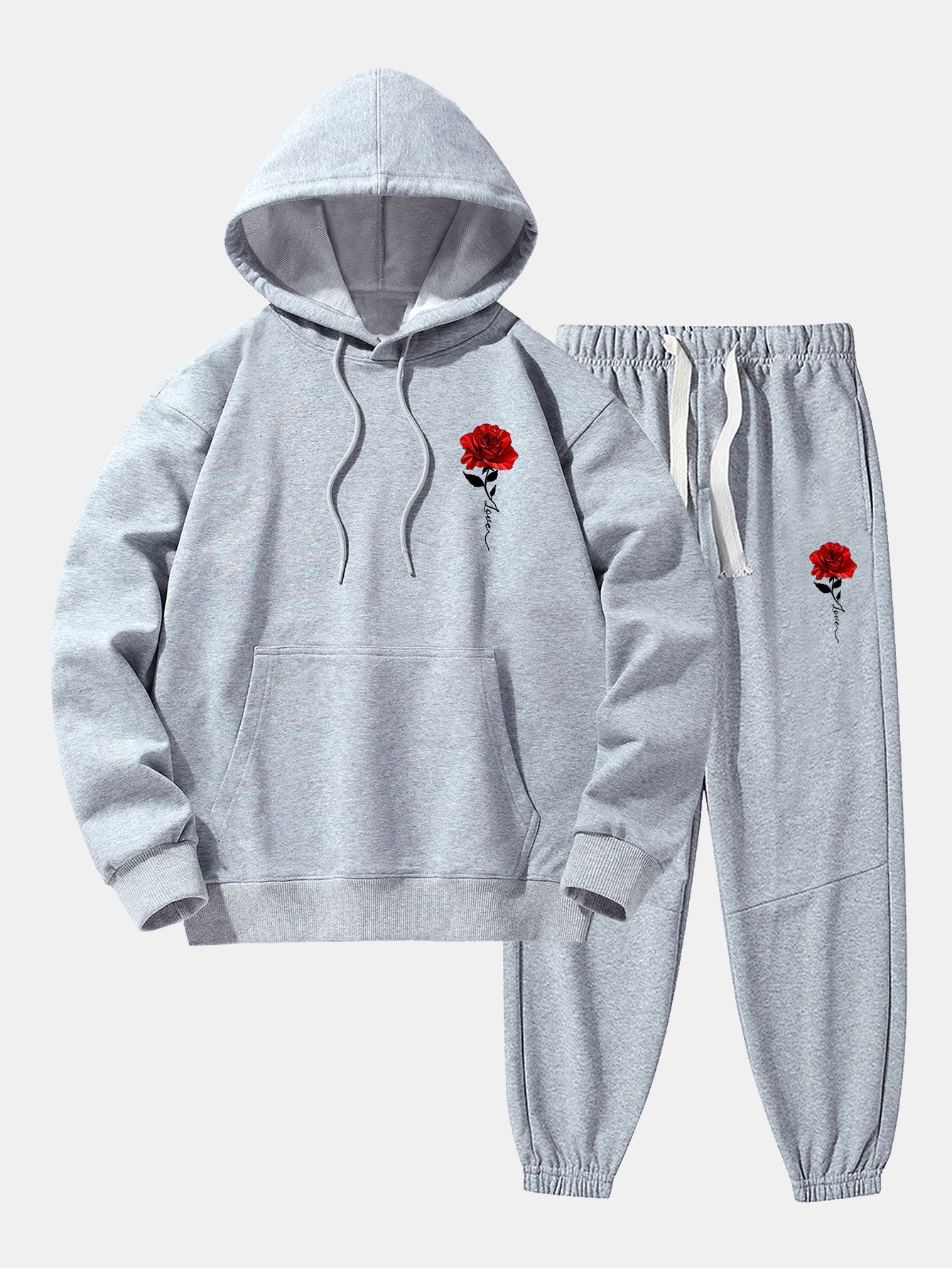 Rose Print Cotton Blend Hoodie & Jogger Pants