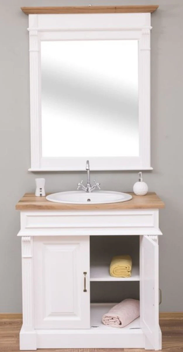 Casa Padrino Conjunto de Baño de Estilo Campestre Blanco / Natural - 1 Gabinete del Fregadero y 1 Espejo de Pared - Muebles de Baño de Madera Maciza en Estilo Campestre