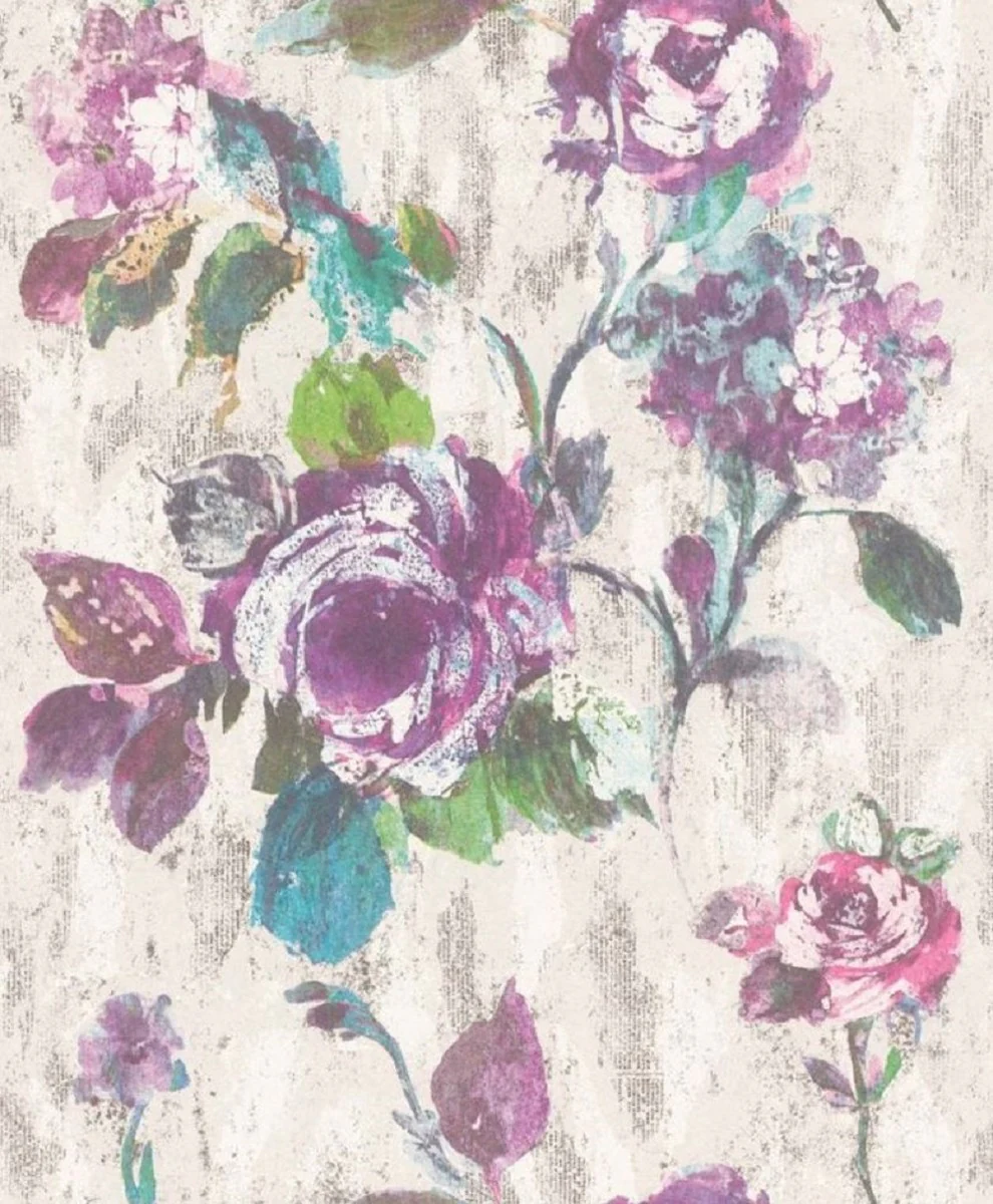 Casa Padrino papel pintado no tejido barroco gris / azul / verde / púrpura 10,05 x 0,53 m - Papel Pintado con Estampado de Flores - Accesorios Decorativos