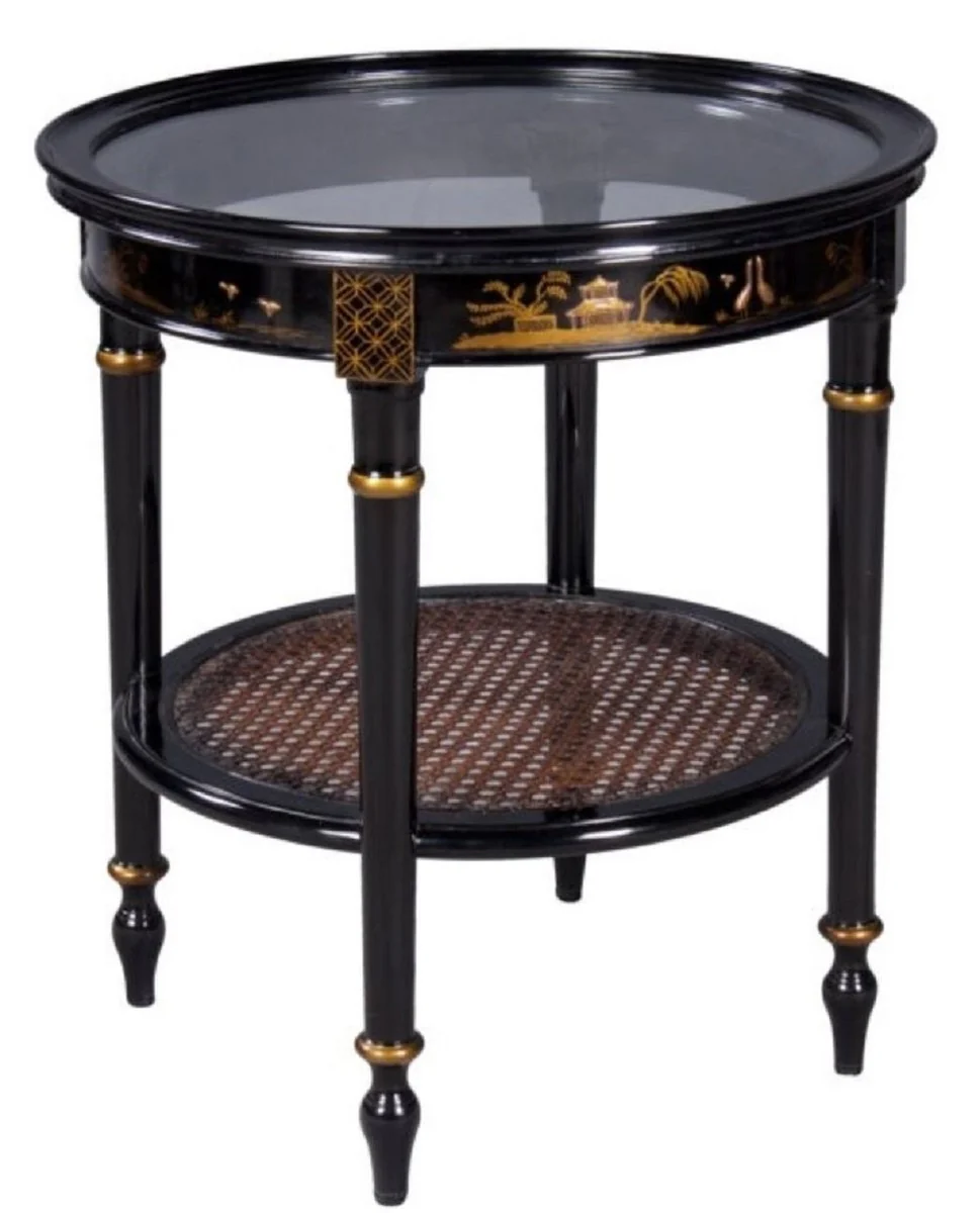 Casa Padrino mesa auxiliar barroco de lujo negro / oro ? 48 x H. 53 cm - Mesa Auxiliar Redonda de Caoba con Tapa de Cristal y Decoraciones Chinas