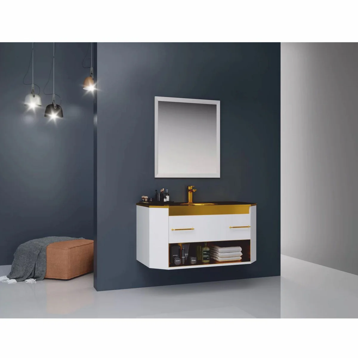 Casa Padrino Conjunto de Baño de Lujo Blanco Brillante / Oro 100 cm - Interior de Hotel y Baño