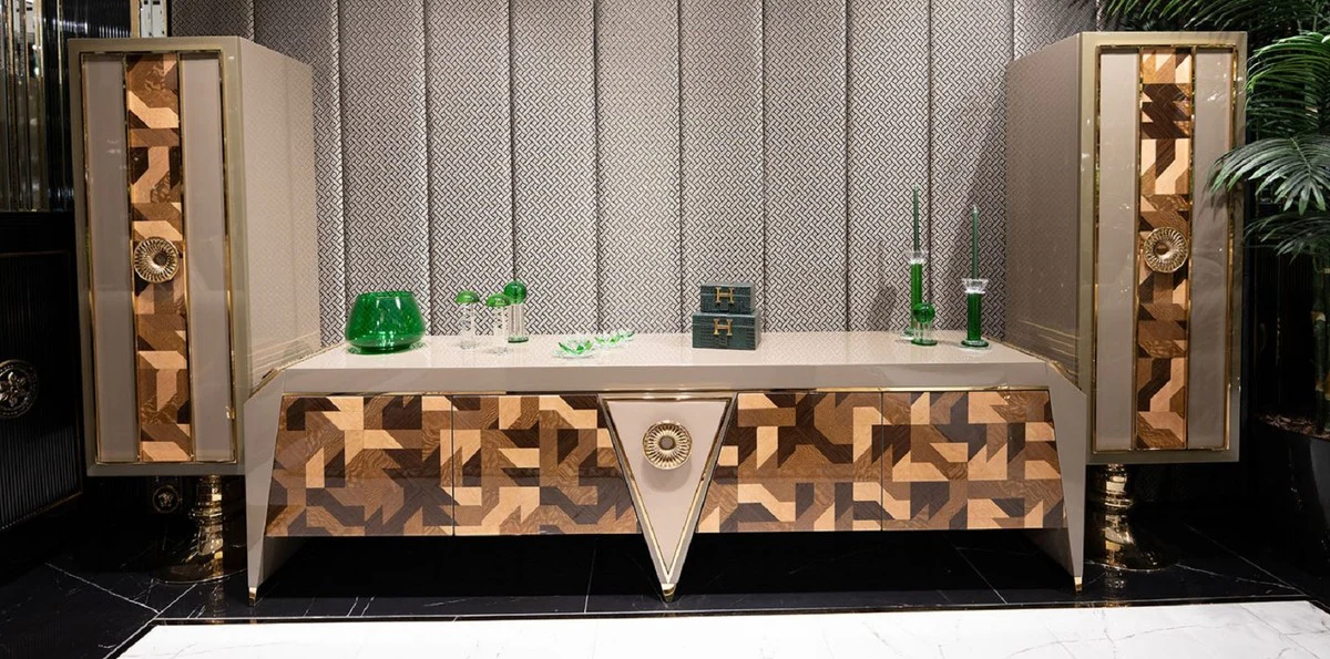 Casa Padrino conjunto de TV de lujo gris / marr¨®n / oro - Aparador de sal¨®n de madera maciza con 2 armarios estante - Muebles de sal¨®n - Muebles de lujo