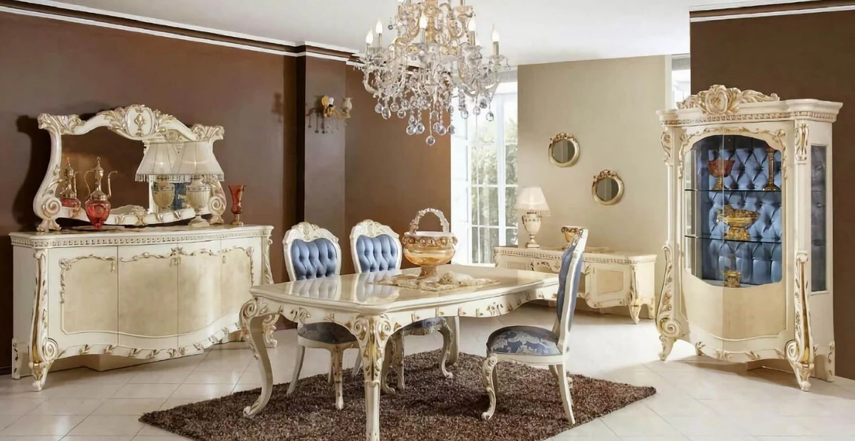 Casa Padrino conjunto de comedor barroco de lujo azul / blanco / oro - 1 Mesa de Comedor Barroco y 6 Sillas de Comedor Barrocos - Muebles de comedor barrocos - Noble y Magn¨ªfico