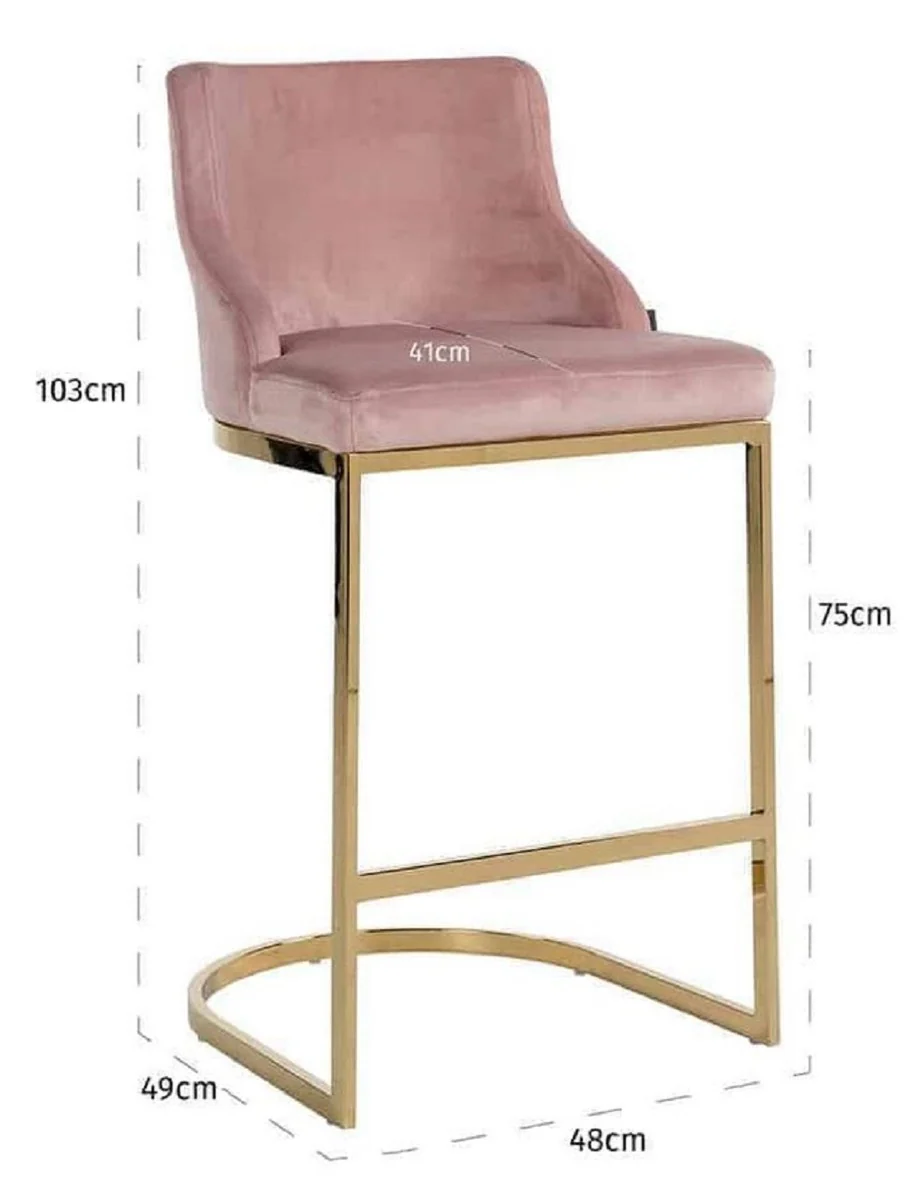 Casa Padrino silla de bar de lujo rosa / oro 48 x 49 x A. 103 cm - Taburete de bar tapizado con terciopelo noble y patas de acero inoxidable - Muebles de bar de lujo