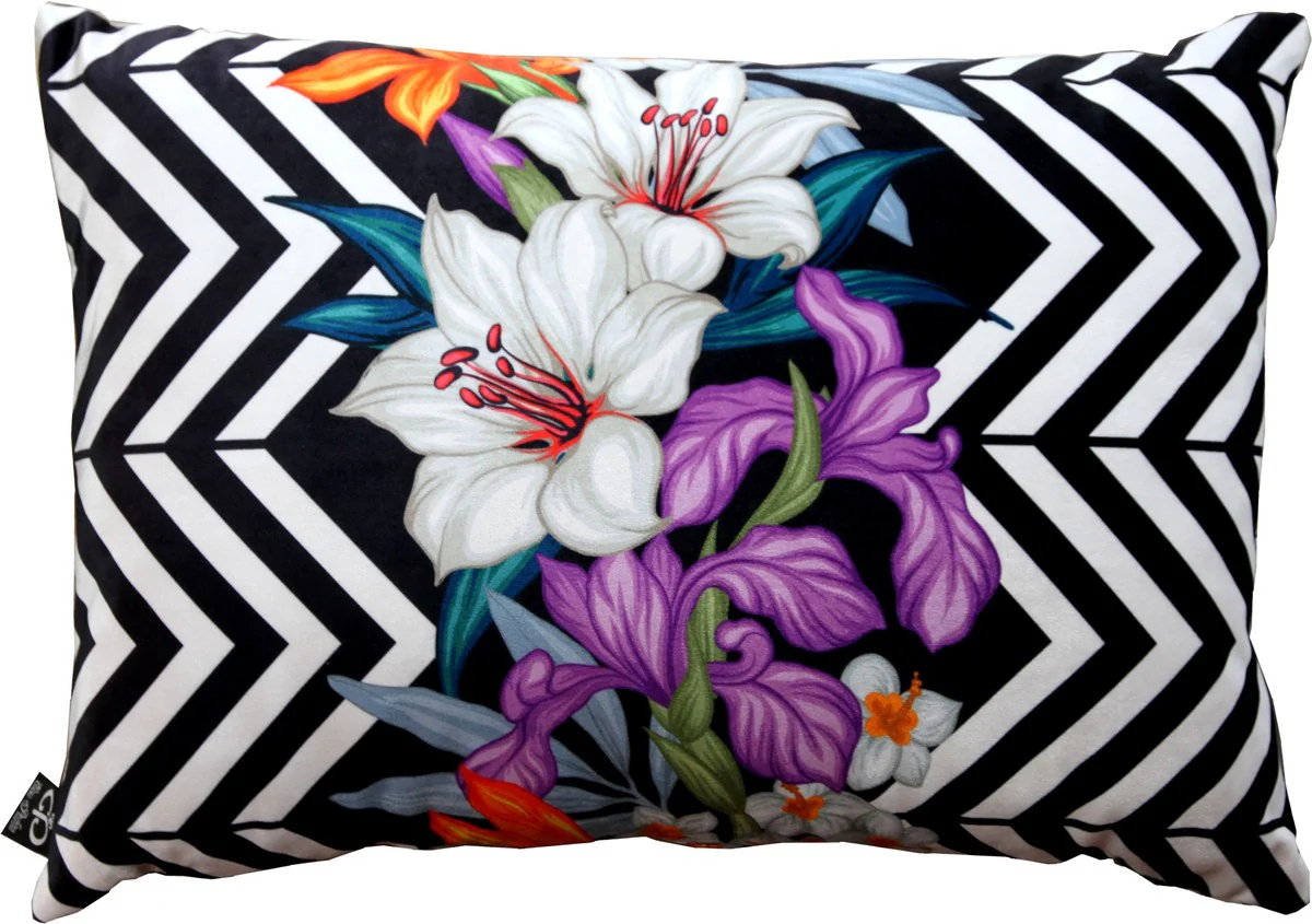 Casa Padrino - Almohada de la sala de estar Georgia Flowers Negro / Blanco / Lirio multicolor 35 x 55 cm - La mejor tela de terciopelo - Accesorios de decoración de lujo