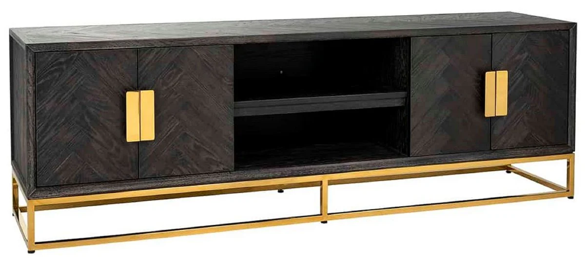 Casa Padrino gabinete de TV de lujo negro / oro 185 x 42,5 x A. 60 cm - Aparador de madera maciza con 4 puertas - Muebles de salón - Muebles de hotel - Colección de Lujo