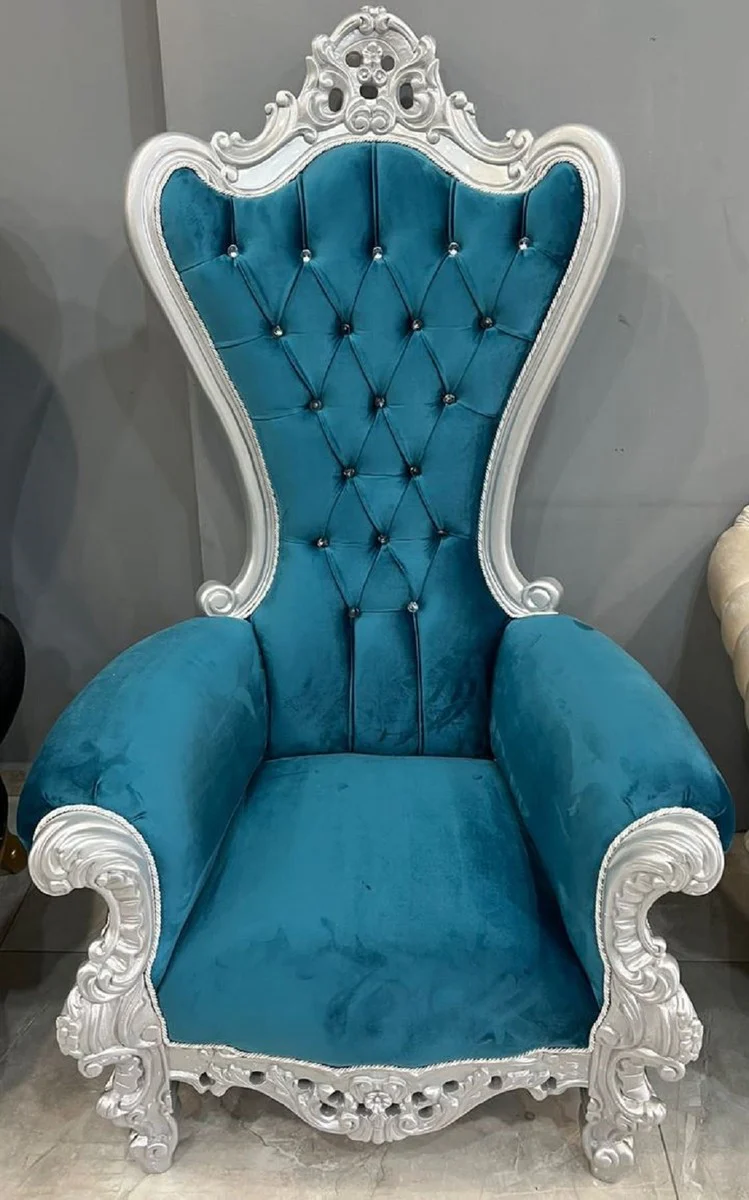 Casa Padrino sill¨®n de trono barroco con tela de terciopelo fino y pedrer¨ªa azul / plata - Sill¨®n real hecha a mano en estilo barroco - Silla de boda - Sill¨®n gigante - Muebles barrocos