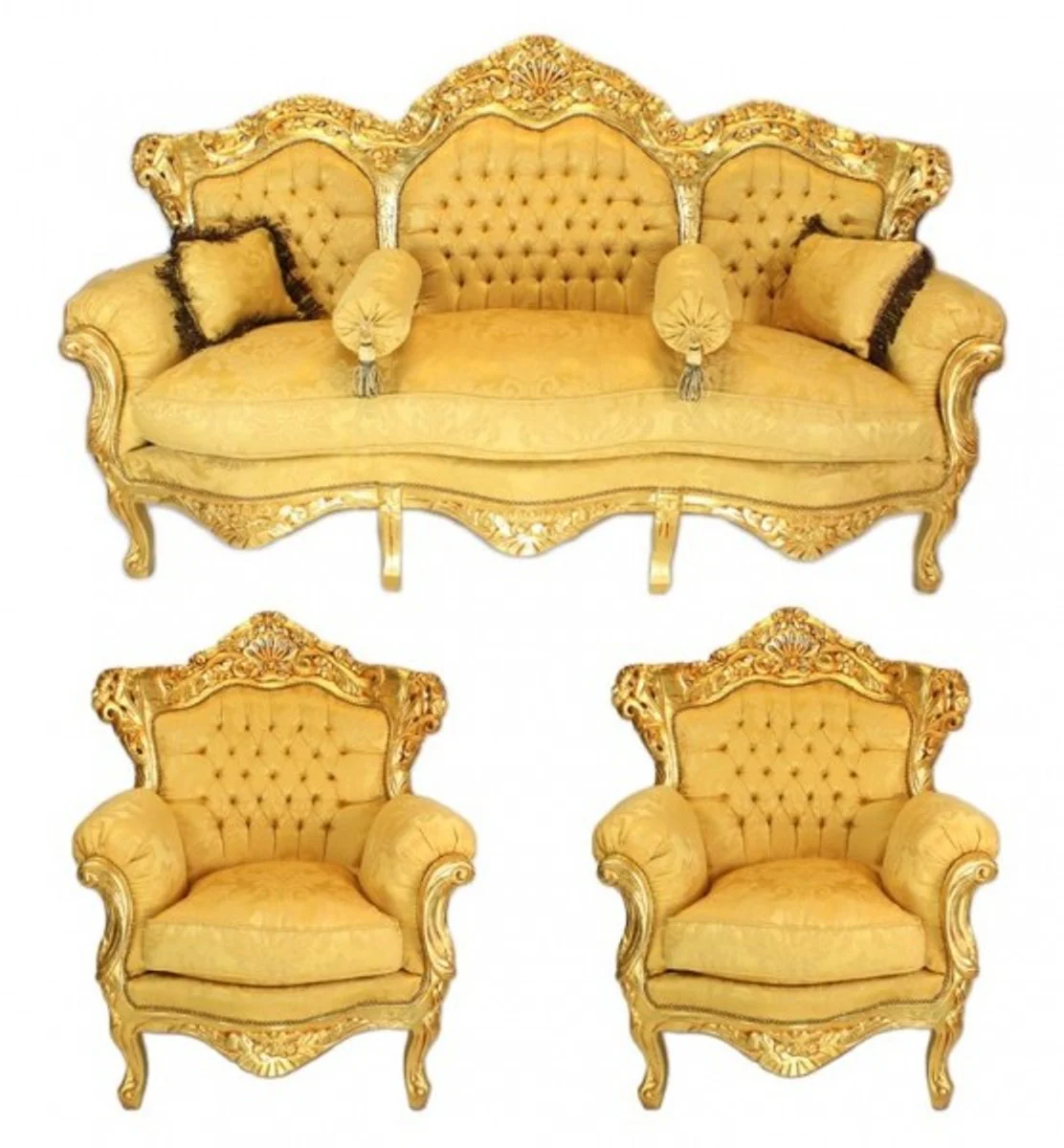 Casa Padrino Baroque Living Set Gold Bouquet pattern / Gold - 3er sofa + 2 armchairs