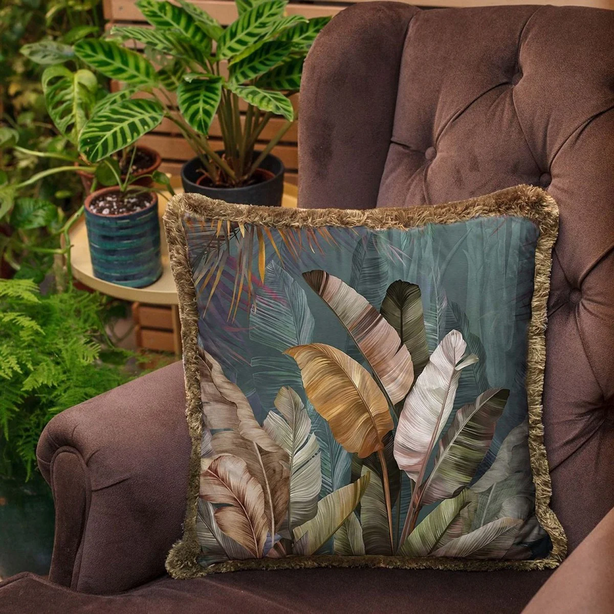 Casa Padrino cojín decorativa de lujo arbustos multicolor / marrón 45 x 45 cm - Almohada de terciopelo estampado con flecos - Accesorios decorativos de lujo