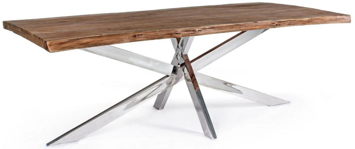 Casa Padrino mesa de comedor de lujo marr¨®n / plata 220 x 100 x A. 77 cm - Mesa de cocina rectangular con tablero de madera maciza y patas de acero inoxidable - Muebles de comedor - Muebles de lujo