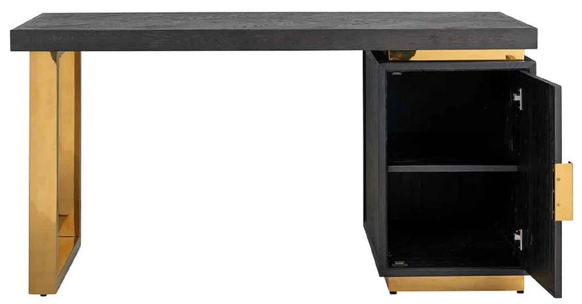 Casa Padrino escritorio de madera maciza de lujo negro / oro 150 x 70 x A. 77 cm - Mesa de Oficina - Mesa de Ordenador - Muebles de Oficina de Lujo