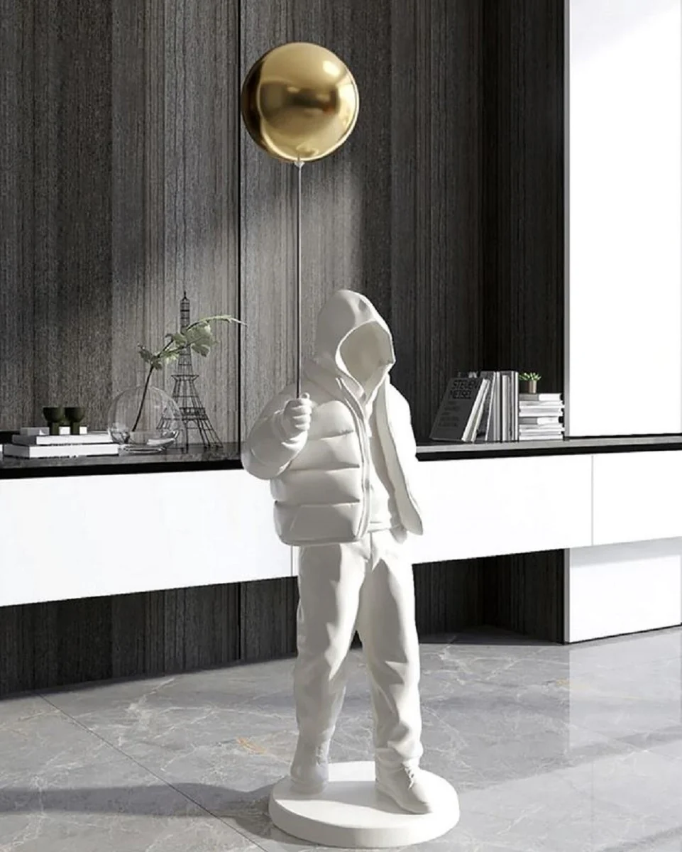 Casa Padrino escultura decorativa XXL de diseño de lujo niño con globo blanco / oro A. 68 cm - Figura decorativa XXL de resina - Accesorios decorativos de diseño de lujo - Calidad de lujo