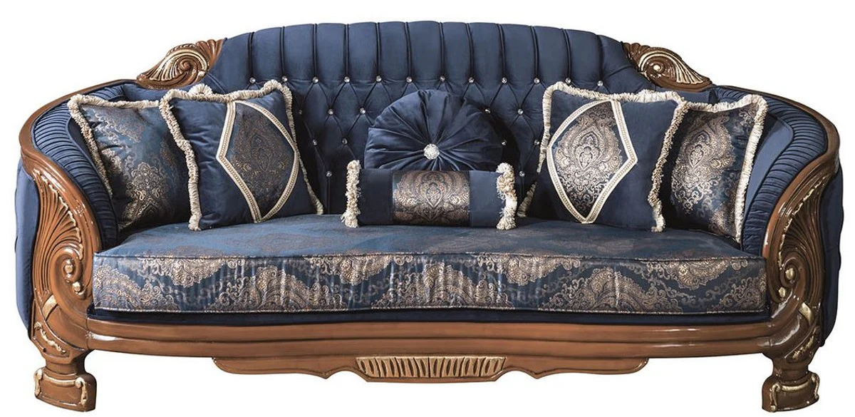 Casa Padrino sof¨¢ de sal¨®n barroco de lujo con pedrer¨ªa y almohadas decorativas azul / marr¨®n 240 x 90 x A. 105 cm - Noble y Adornado