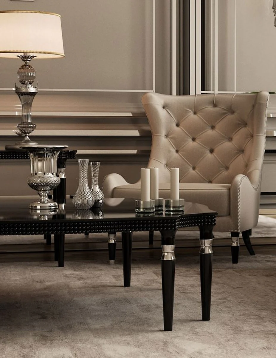 Casa Padrino Mesa de Centro Art Deco de Lujo Negro / Plata 130 x 130 x A. 45 cm - Mesa de Sala Art Deco - Muebles de Sala Art Deco - Calidad de Lujo