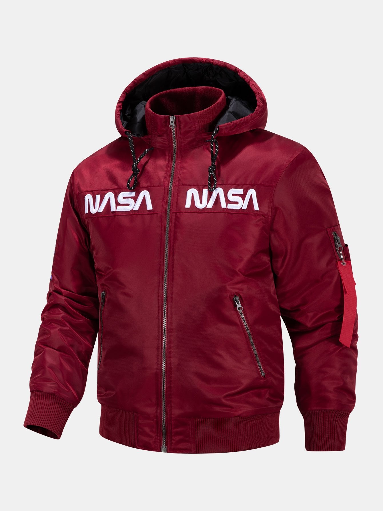 NASA Embroidery Quilted Lined Detachable Hooded Bomber Jacket