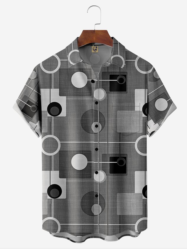 Geometric Line Pattern Chest Pocket Short Sleeve Casual Shirt