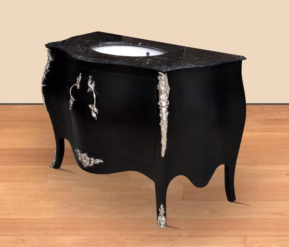 Cómoda de tocador barroco de lujo Casa Padrino negro / plata con tapa de mármol - muebles de baño barrocos de lujo