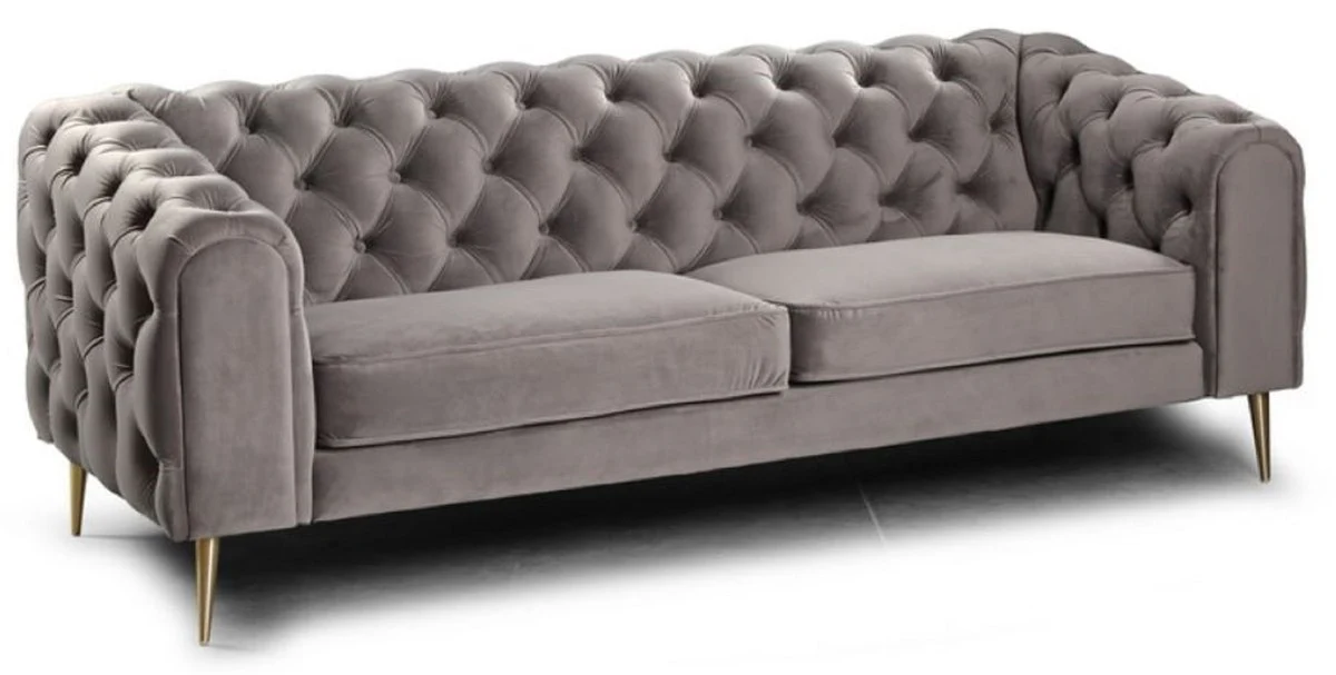 Casa Padrino sof¨¢ de 3 plazas Chesterfield de lujo gris / lat¨®n 217 x 95 x A. 80 cm - Sof¨¢ de Sal¨®n Moderno - Muebles de Sal¨®n Chesterfield