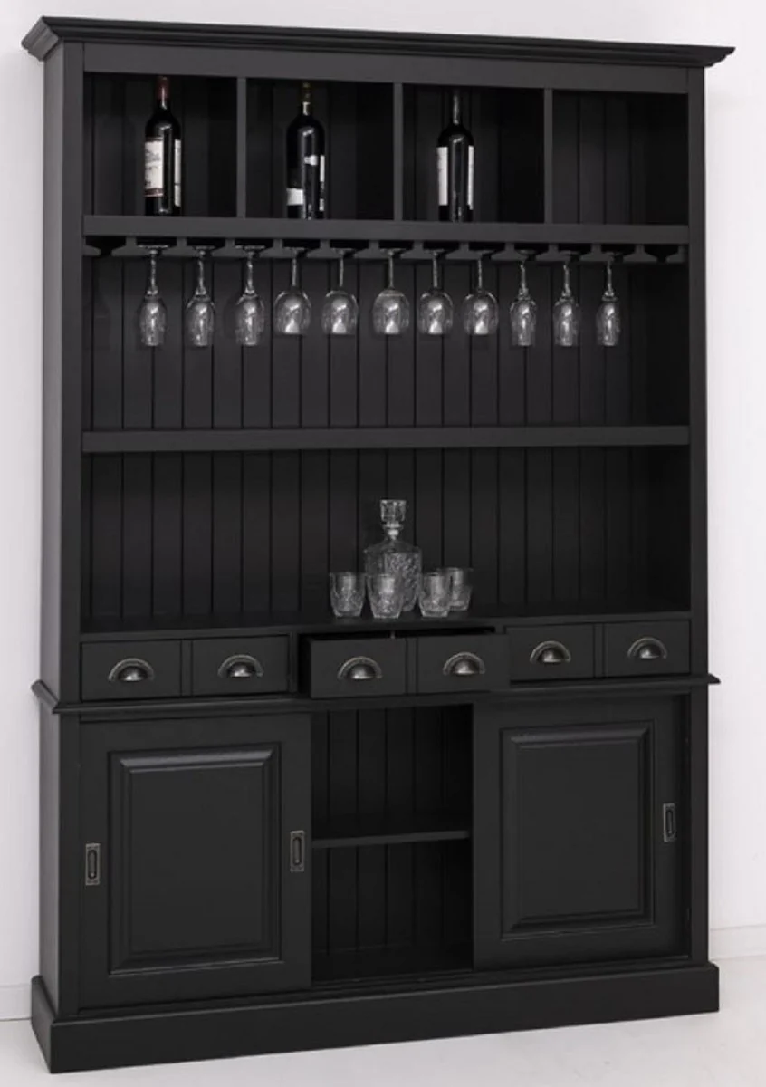 Casa Padrino armario de bar de madera maciza de estilo campestre negro 151 x 36 x A. 210 cm - Gabinete de vino de madera maciza estilo campestre - Mueble bar de madera maciza de estilo campestre