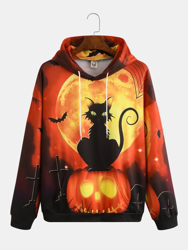 Men's Black Halloween Print Fashion Hooded Long Sleeve Sweatshirt