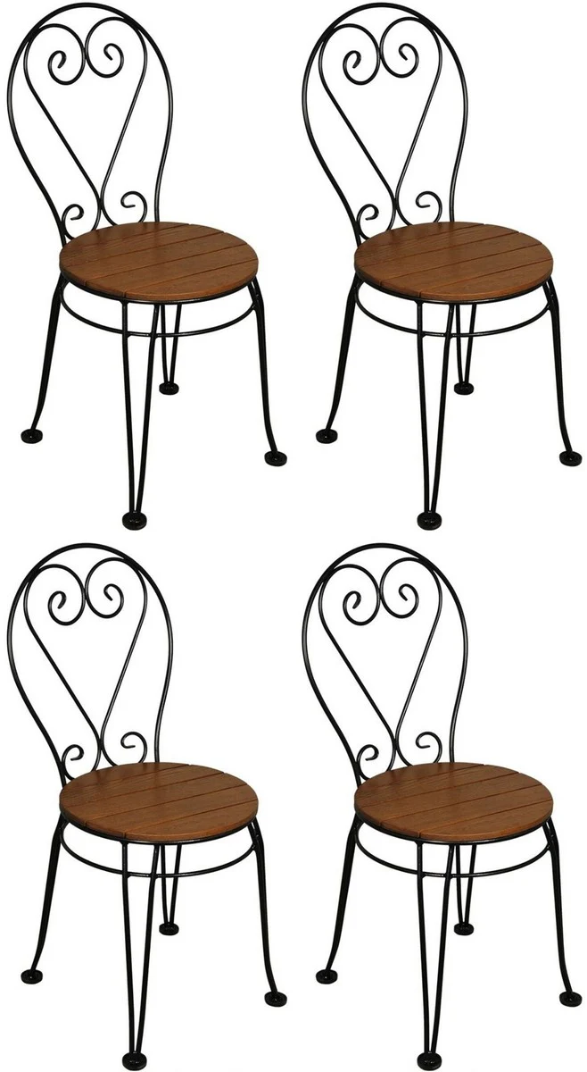 Casa Padrino conjunto de 4 sillas de jardín Art Nouveau marrón / negro 40 x 40 x A. 92 cm - Elegantes sillas de hierro forjado con asiento de madera maciza - Muebles de Jardín y Catering