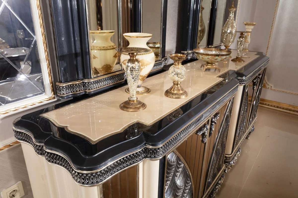 Casa Padrino conjunto de muebles barrocos de lujo beige / negro / oro - 1 Aparador Barroco con 4 Puertas y 2 Espejos de Pared Barroco - Muebles Barroco Hechos a Mano - Noble y Magnífico