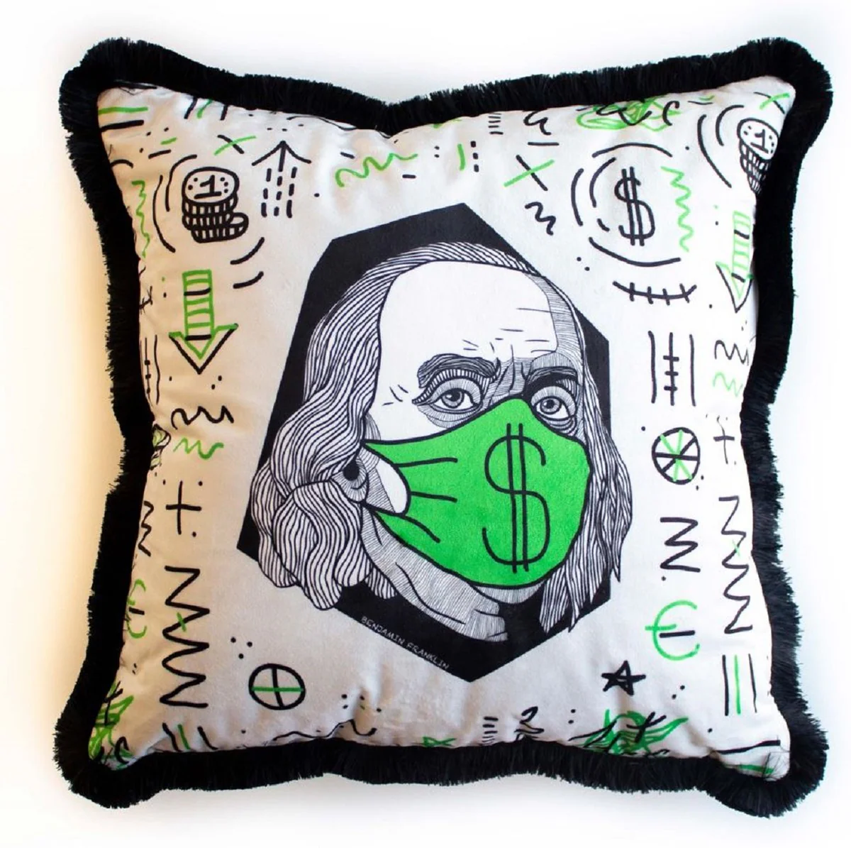 Casa Padrino cojín decorativa de lujo blanco / verde / negro 45 x 45 cm - Almohada de terciopelo estampado con flecos - Accesorios decorativos de lujo