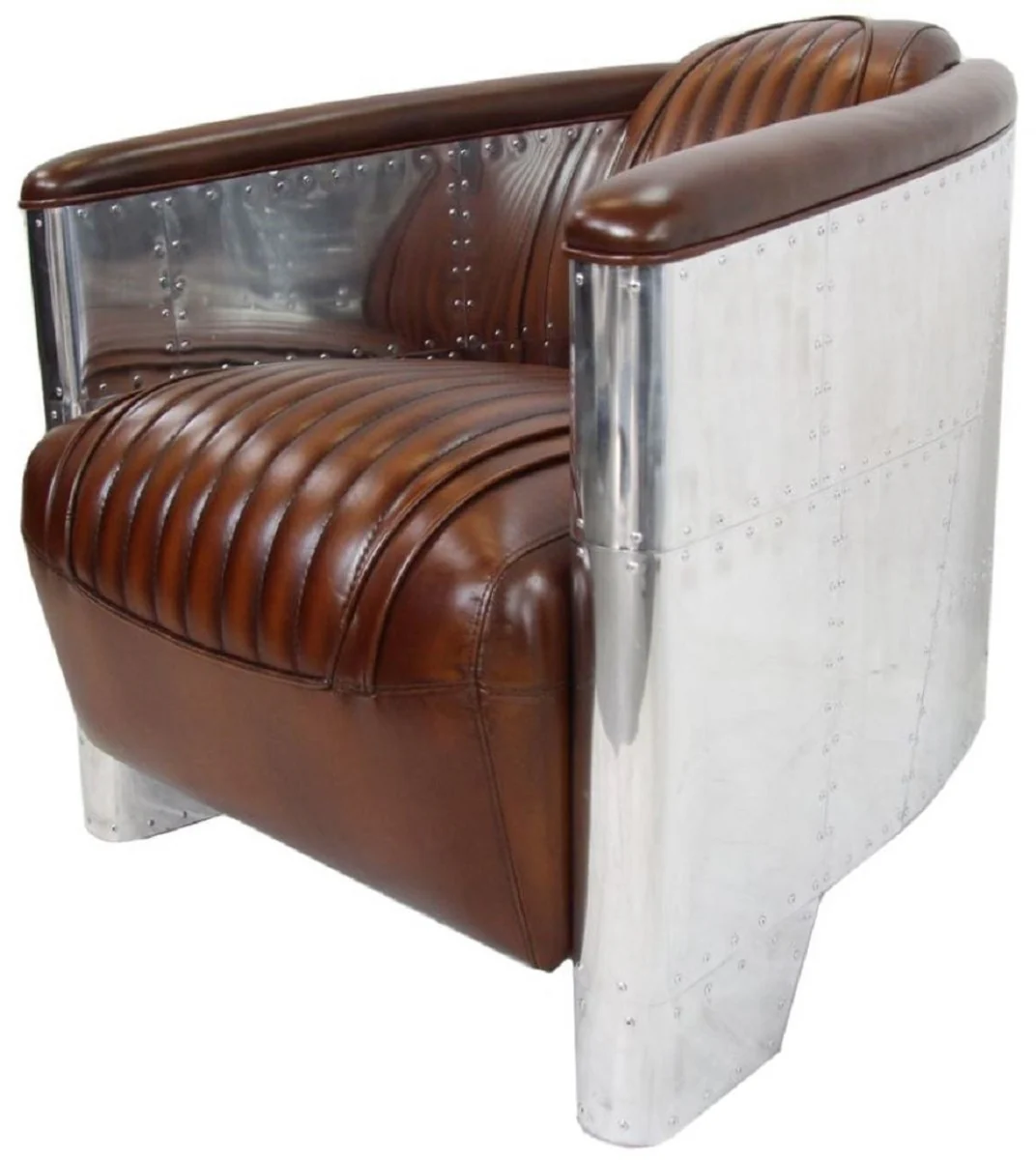 Casa Padrino sill¨®n de cuero aut¨¦ntico Art Deco de lujo marr¨®n oscuro / plata 90 x 72 x A. 68 cm - Sill¨®n de aluminio con cuero de alta calidad - Muebles sill¨®n de aviador de avi¨®n de aluminio