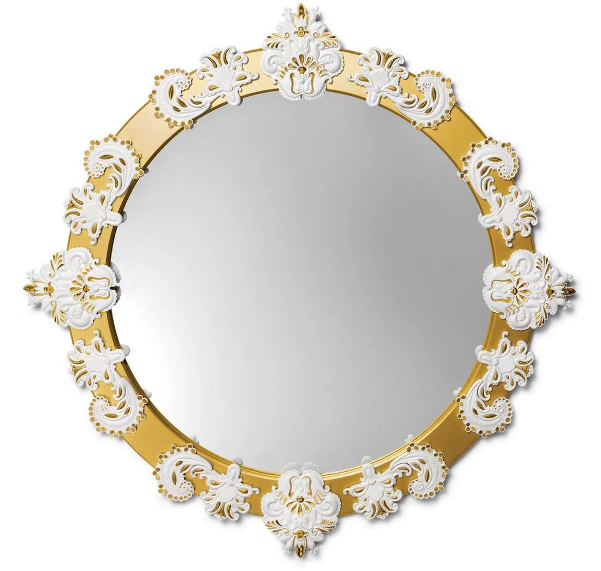 Casa Padrino Designer Wall Mirror Gold / White ? 124 cm - Luxury Mirror with Handmade Porcelain Decoration made of the finest Spanish Porcelain