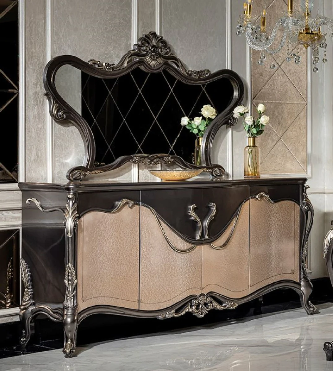 Casa Padrino conjunto de muebles barrocos de lujo gris oscuro / beige / oro - 1 Aparador con 4 Puertas y 1 Espejo - Muebles barrocos hechos a mano - Noble y Magnífico