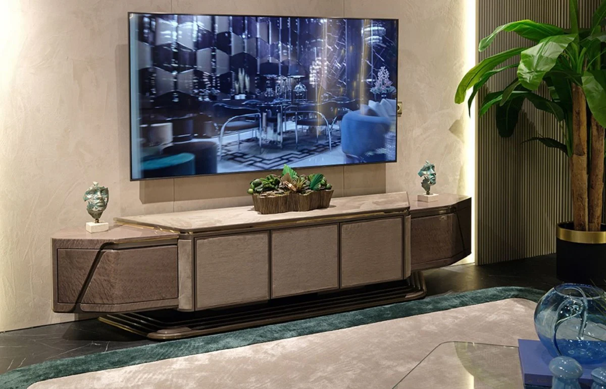 Casa Padrino gabinete de TV de lujo gris / oro 251 x 50 x A. 58 cm - Aparador de madera maciza con 5 puertas - Muebles de sal¨®n - Muebles de lujo - Interiores de lujo