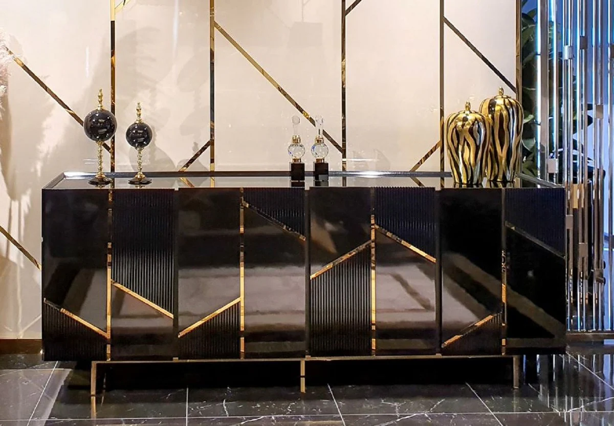 Casa Padrino aparador de lujo negro / oro 220 x 50 x A. 85 cm - Aparador de sal¨®n con 4 puertas - Muebles de Lujo