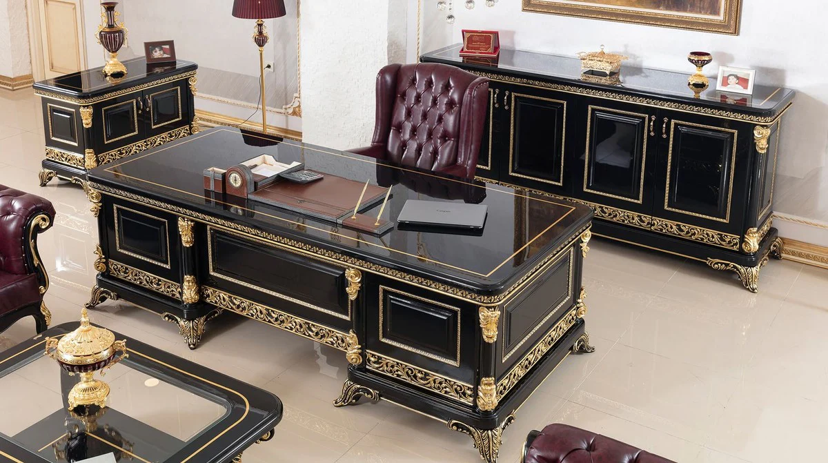 Casa Padrino escritorio barroco de lujo negro / oro - Magn¨ªfica mesa de oficina de madera maciza - Muebles de oficina barrocos - Noble y Magn¨ªfico