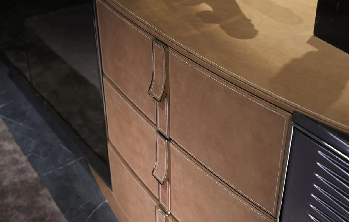 Casa Padrino aparador de lujo marrón claro / marrón oscuro / gris / oro 249 x 52,5 x A. 76 cm - Armario de madera maciza con 3 puertas y 3 cajones - Muebles de lujo - Muebles de hotel