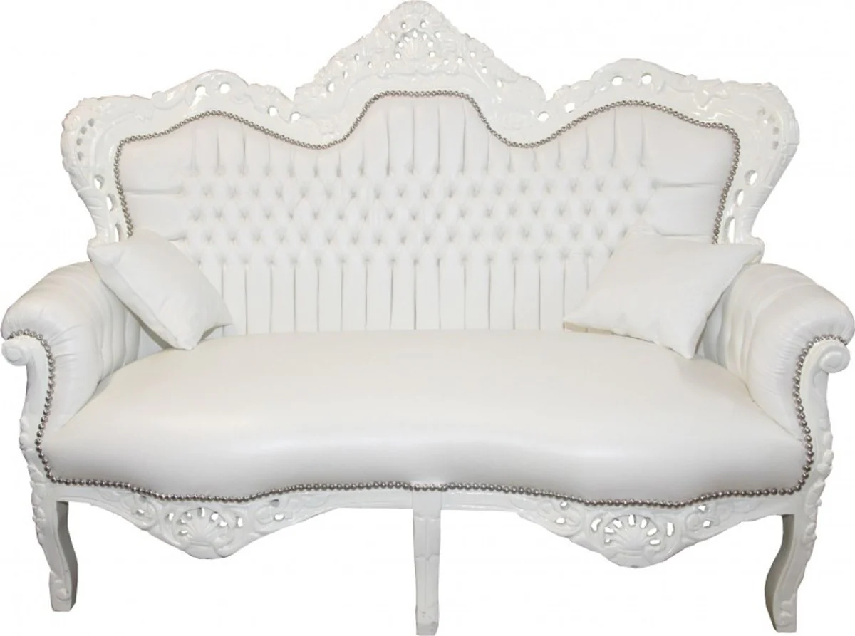Casa Padrino Baroque Master 2 seater white leather look - living room couch furniture Lounge