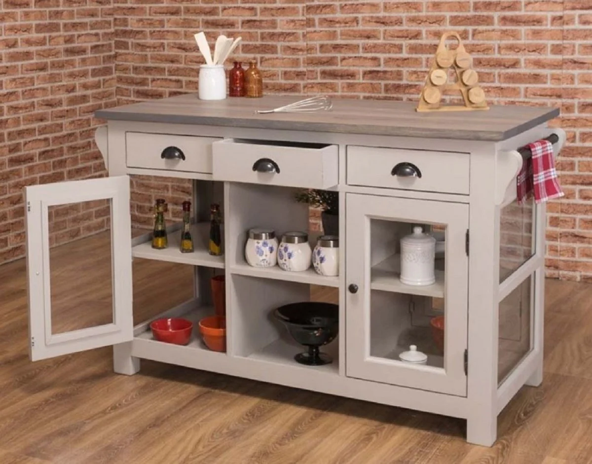 Casa Padrino isla de cocina de estilo campestre gris 135 x 65 x A. 90 cm - Gabinete de cocina de madera maciza - Mueble de comedor de madera maciza estilo campestre