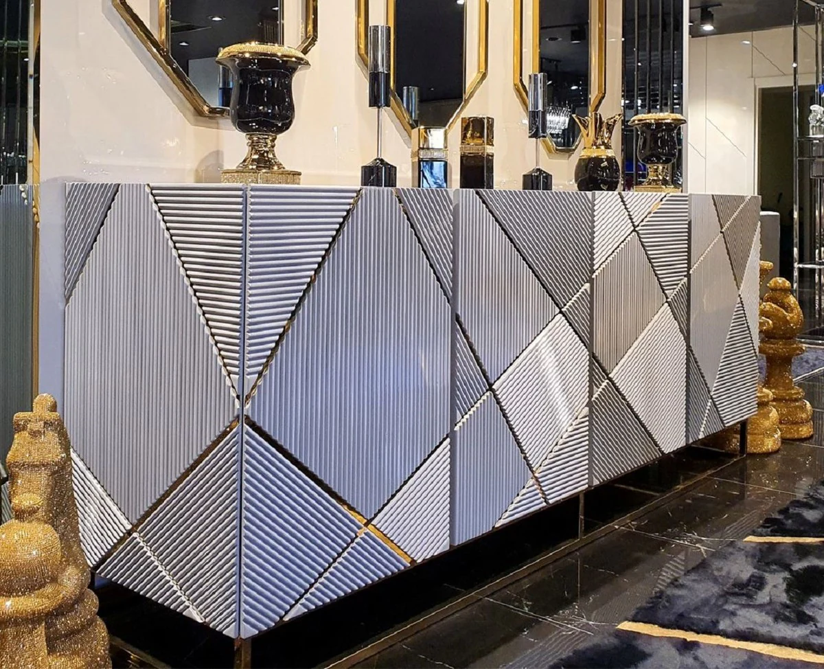 Casa Padrino aparador de lujo blanco-gris / oro 220 x 50 x A. 86 cm - Aparador de sal¨®n con 4 puertas - Muebles de Lujo