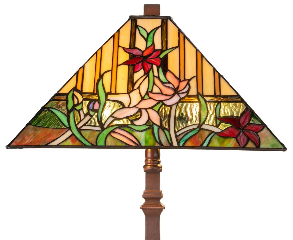Casa Padrino Lámpara de Mesa Tiffany de Lujo con Diseño Floral Marrón / Multicolor 40 x 40 x H. 62 cm - Lámpara Tiffany con Pantalla de Vidrio Hecha a Mano