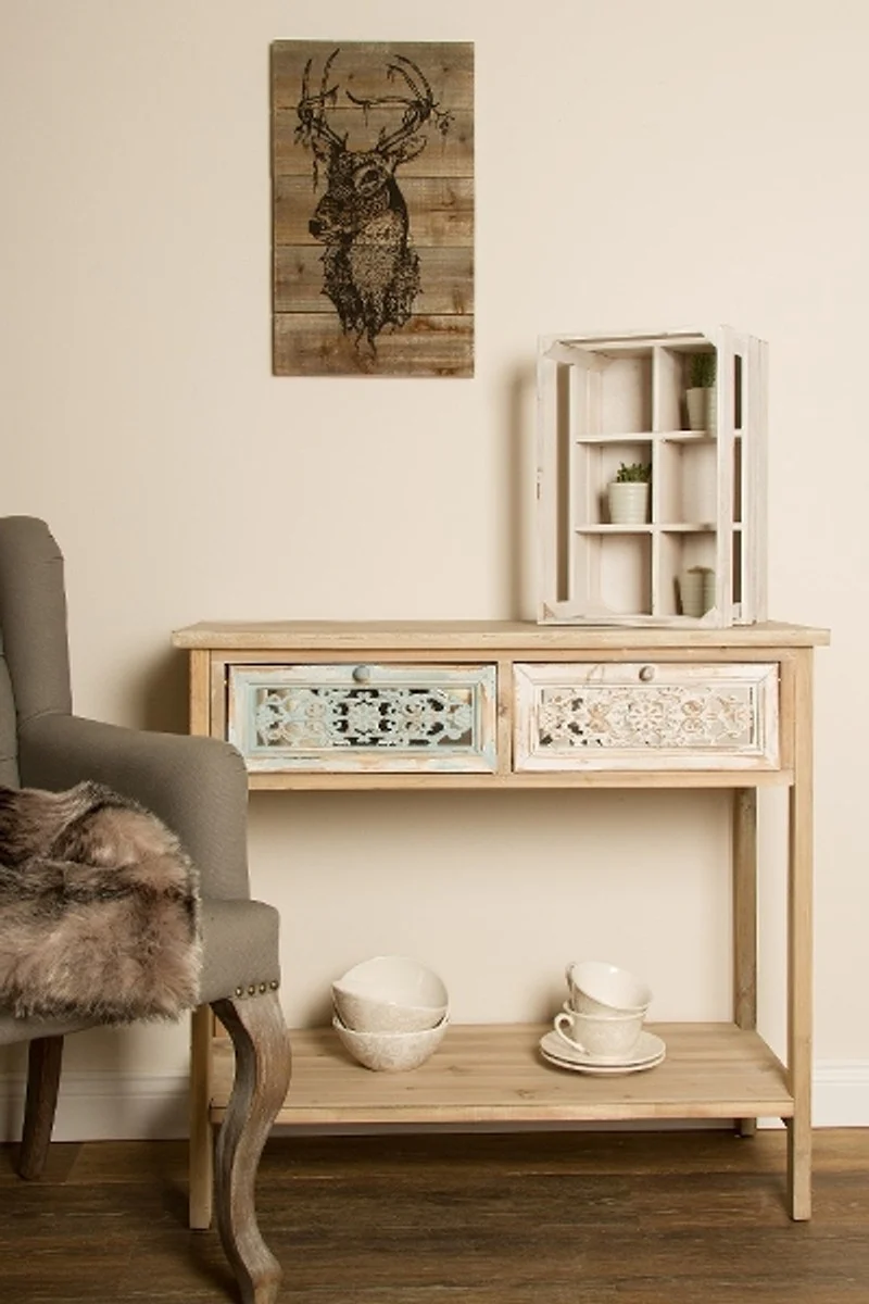 Casa Padrino consola de estilo country antique blanco / natural 85 x 37 x H. 77 cm - Consola de Shabby Chic Hecha a Mano con 2 Cajones