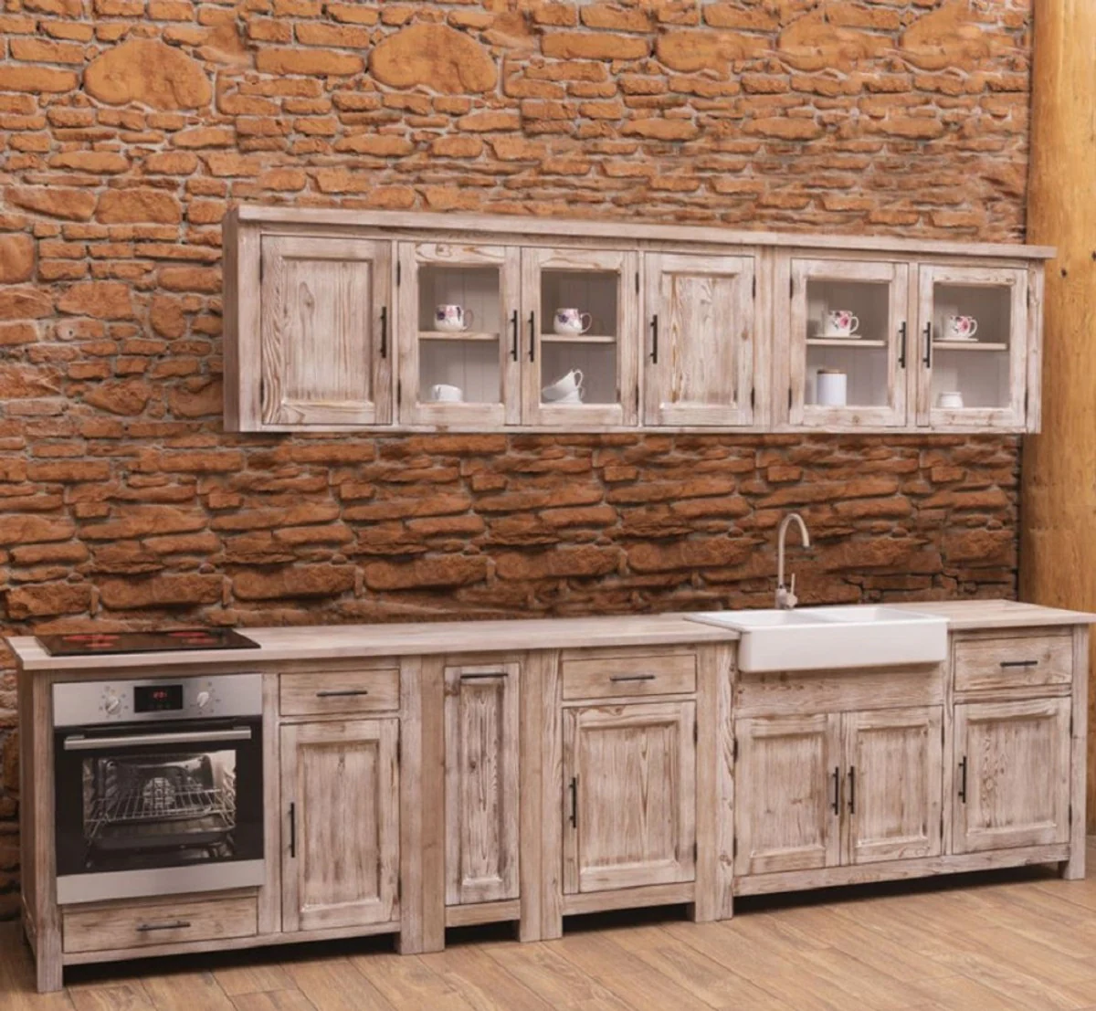 Casa Padrino cocina integral estilo campestre natural 387 x 65 x A. 90 cm - Cocina de madera maciza - Muebles de comedor estilo campestre - Cocinas integrales de estilo campestre madera maciza