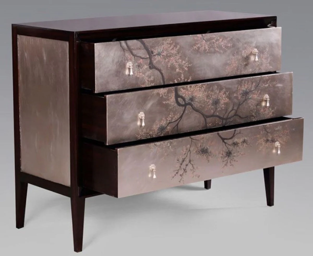 Casa Padrino c¨®moda Art Deco de lujo marr¨®n oscuro / multicolor 120 x 49 x A. 94 cm - Noble c¨®moda de caoba con 3 cajones y elegante dise?o japon¨¦s - Muebles de Lujo