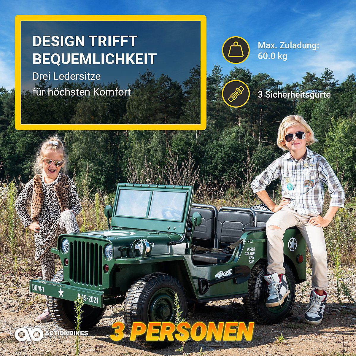 Kinder Elektroauto Jeep Willys - 4x45 Watt - Kinderauto mit Fernbedienung - Soundmodul grün